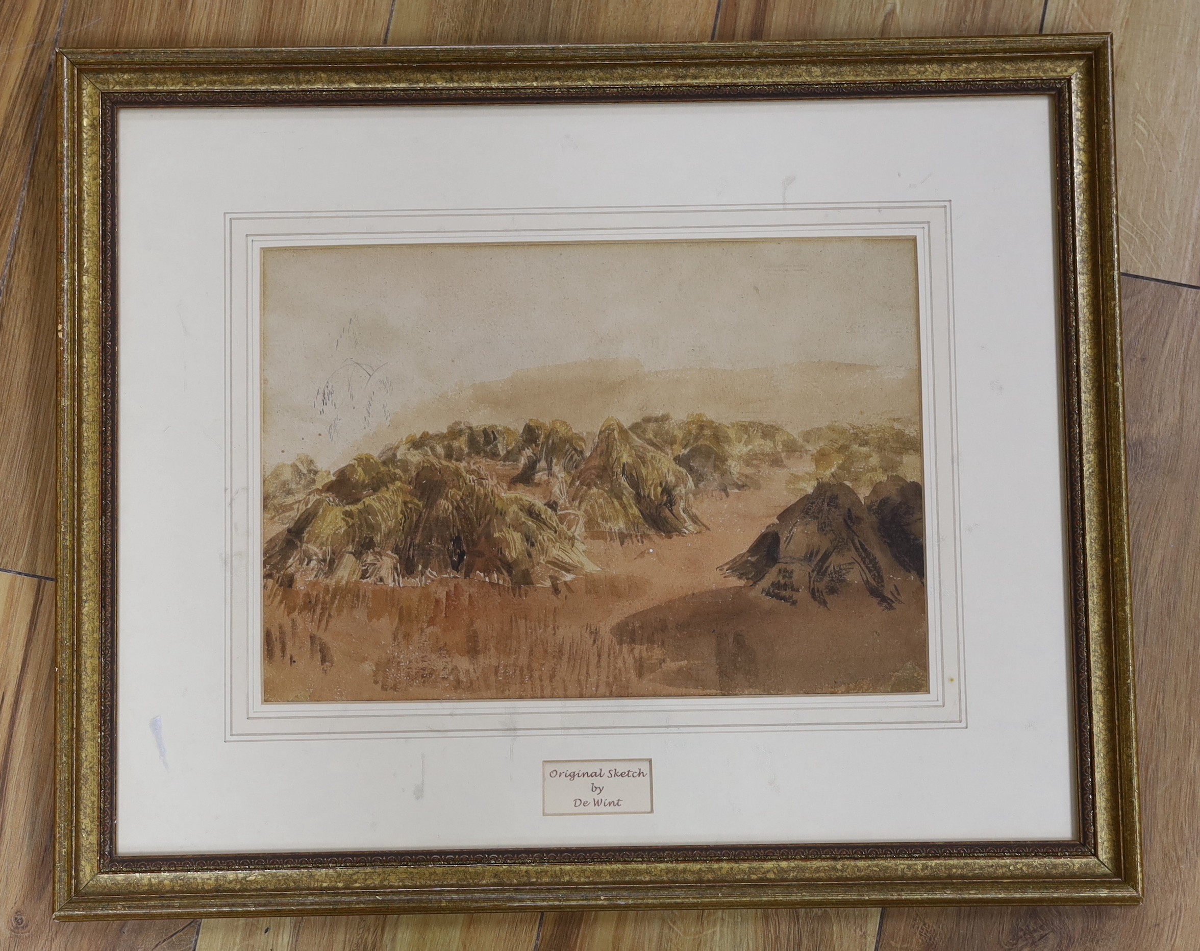 Attributed to Peter De Wint (1784-1849), watercolour, Study of cornstacks, 22 x 31cm